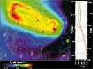 Температурные изменения полярного вихря и холодного воротника в диапазоне 5.05 микрометра на высотах, приблизительно, в 60 км. Самая теплая область соответствует эллипсу полярного вихря, Т=250К — красная область на дневной стороне Венеры. Изменения темперауы в эллипсе не превышает 8К. Самая холодная область (темная) соответсвует холодному кольцу-воротнику. Диаграмма справа показывает изменение температуры с высотой, где зеленая линия соответсвует зеленой точке на холодном кольце, а красная линия — красной точке в вихре, как видно изменения Т в вихре меньше.